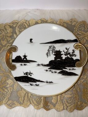 Decorative White Porcelain Platter with Black Landscape and Gold Handles